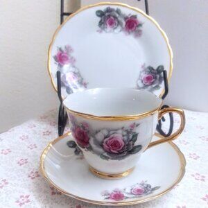 Tea cup teacup trio dessert plate roses pink gold gray